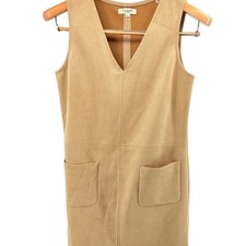 Max Studio London Tan Suede Like Pinafore Dress Size S V Neck Pockets