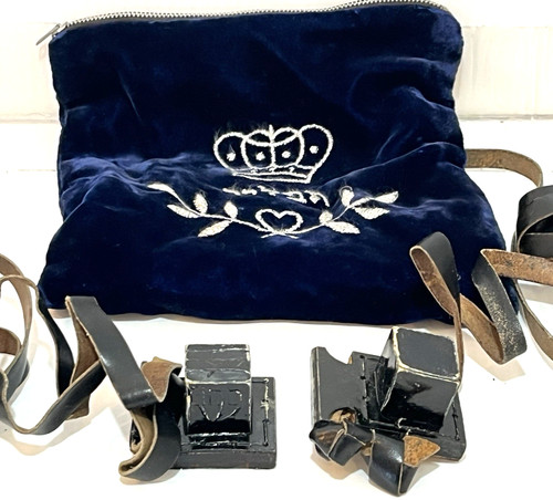 Vtg Hebrew Tefillin Set & Stitched Blue Velvet Bag Jewish Judaism Judaica Israel