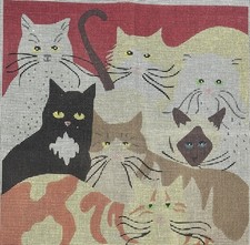 Hand Painted Needlepoint Canvas Cluster Of Various Cats