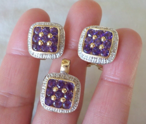 14K Yellow Gold Amethyst Diamond Earrings Pendant Set - 10.2 gms, 1.76 ctw - Picture 6 of 8