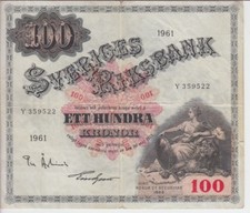 SWEDEN BANKNOTE P48c-9522 100 KRONOR 1961, PREFIX Y, FINE