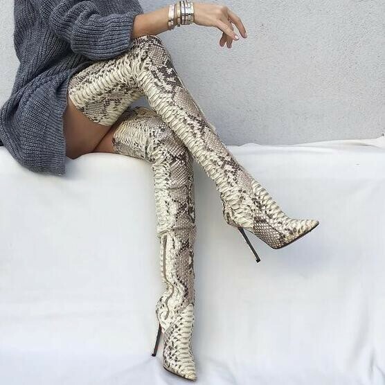 Sexy Women Snakeskin Pattern Stiletto Heel Pointy Toe Over Knee