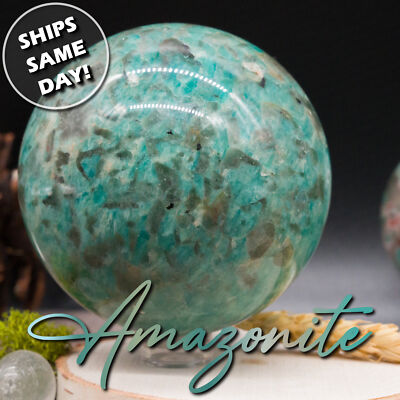Amazonite Crystal Sphere Blue Teal Energy Stone Smoky Quartz Inclusions 