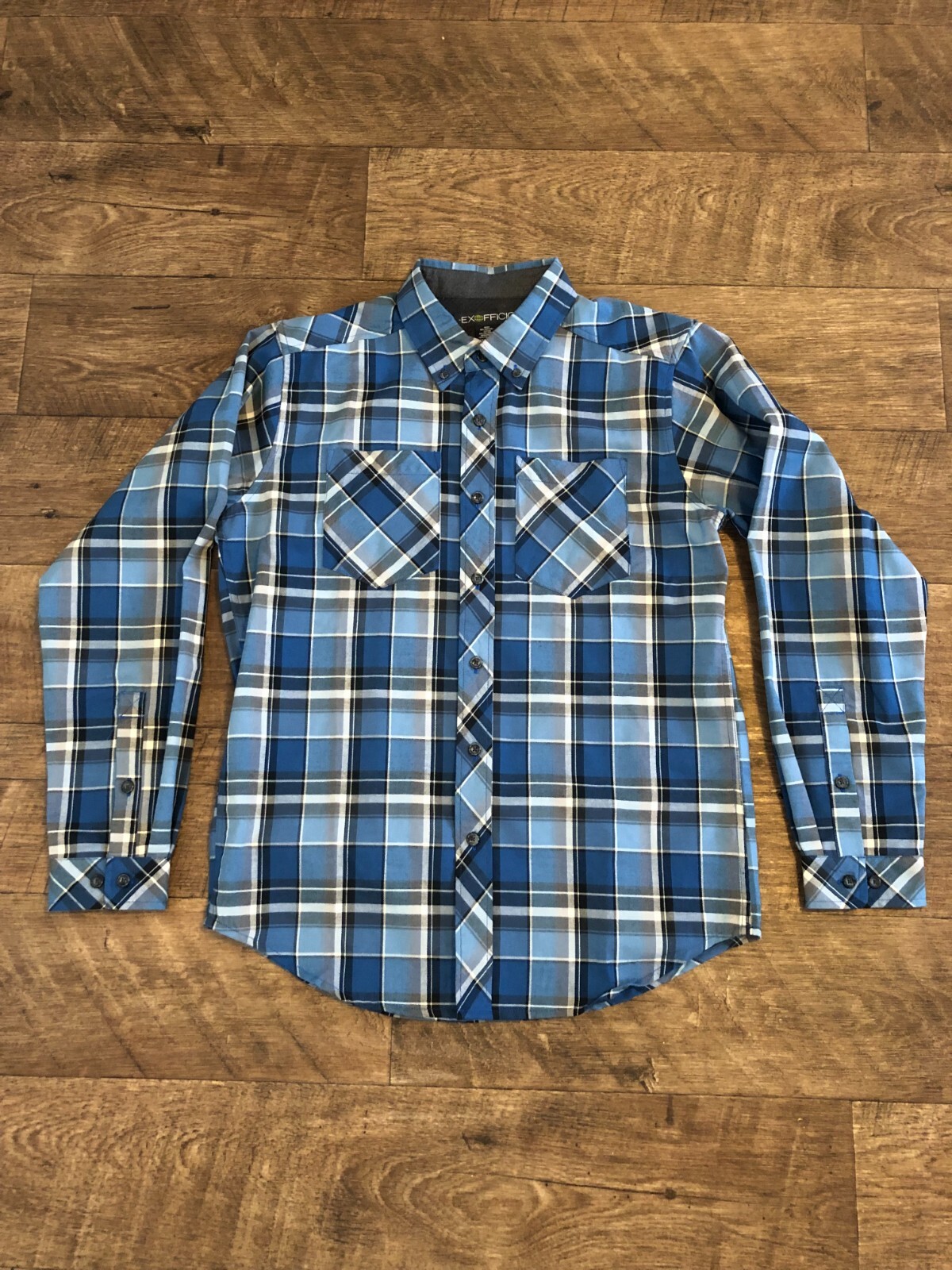 ExOfficio Shirt Mens Medium Blue Plaid Button Up Long Sleeve Outdoor