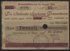 [22201] - EMERGENCY MONEY BREMERHAVEN, City, 20 Mark, 31.10.1918, Geiger 065.03E, used
