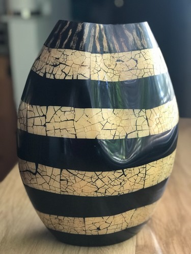 Eggshell Mosaic Black Lacquer Wood Decorative Vase 12.5” Handmade in Philippines