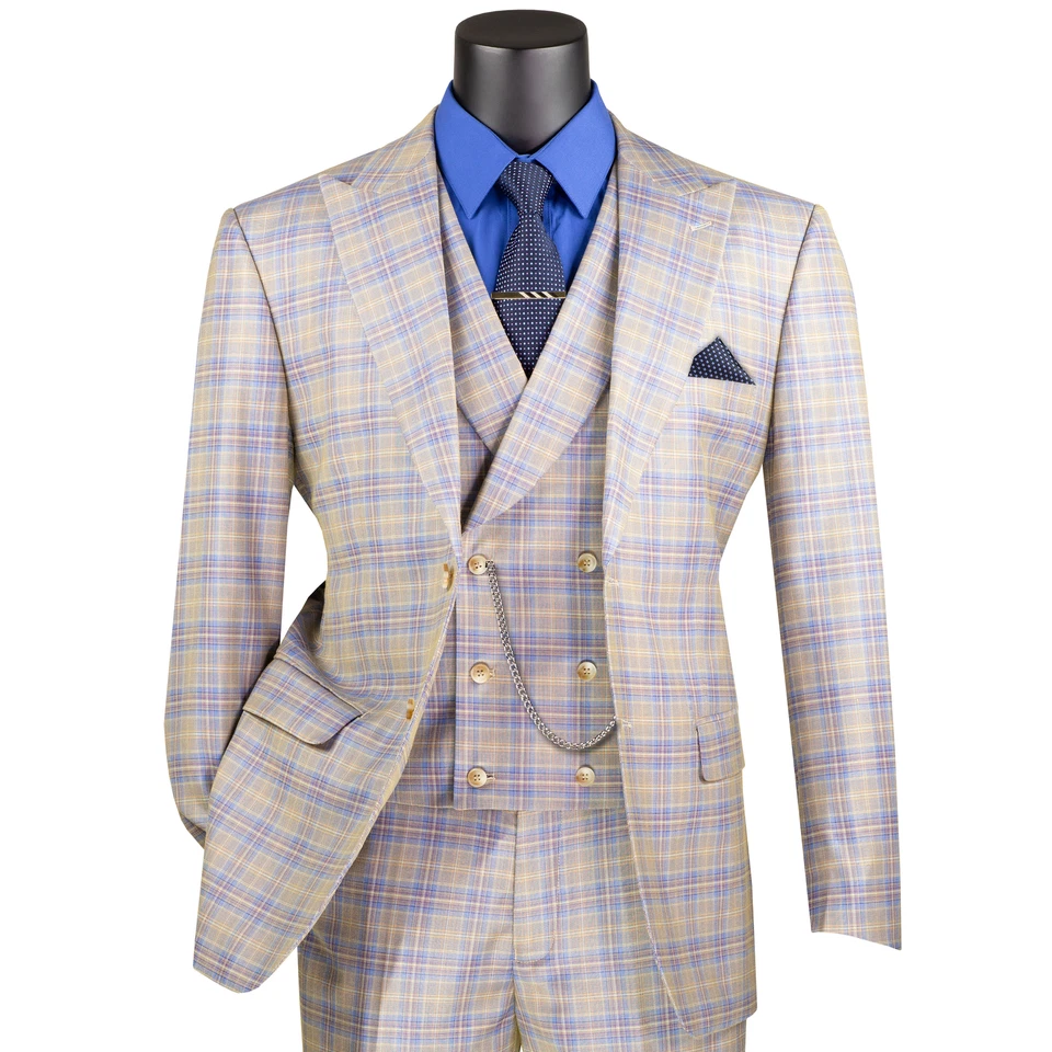 Traje moderno VINCI de 2 botones a cuadros para hombre de 3 piezas con solapa de pico - 36S-56L, 4 colores NUEVO Foto 2 de 4