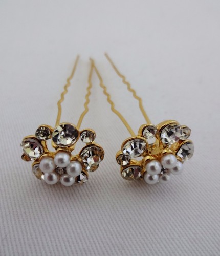 Hair Pins Rhinestones White Pearls Set Of Two Dressy Occasion Bridal Wedding - Picture 6 of 13