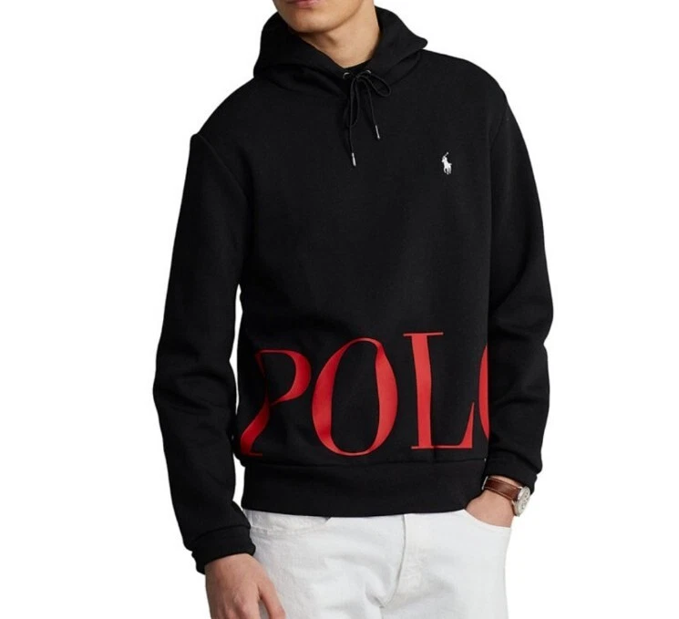 Ralph Lauren Polo Men 2XL black big logo hoodie black double knit red print  pony | eBay