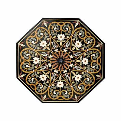 18'' black Marble Coffee Table Top Pietra Dura Inlay Living Room antique p4
