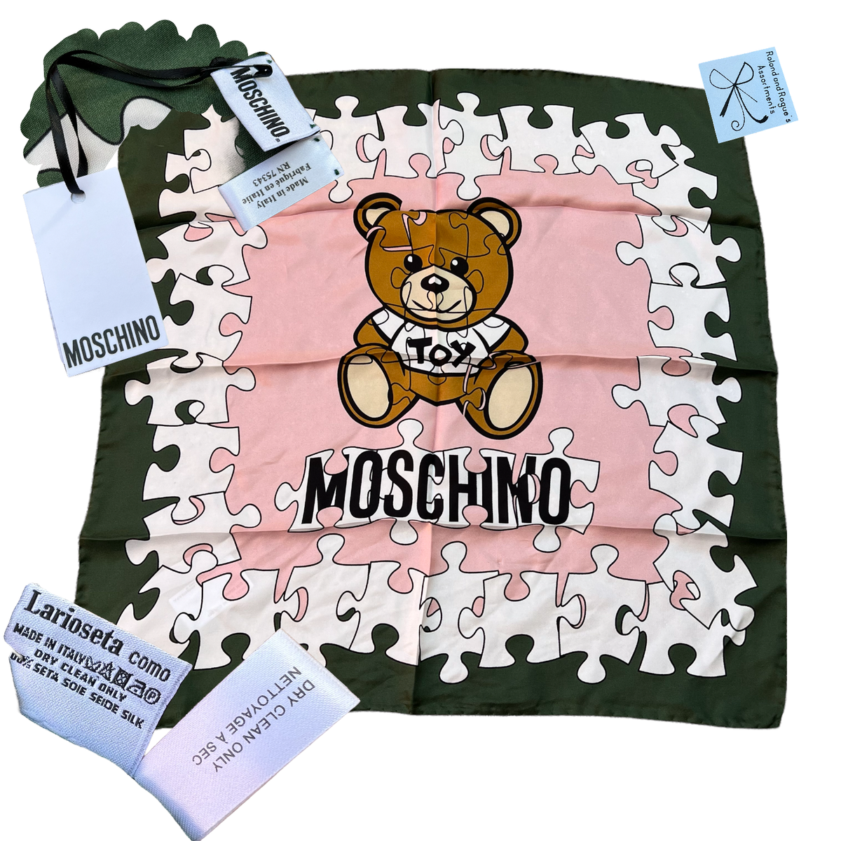 Moschino 100% Silk Puzzle Piece Teddy Bear Square Scarf | eBay