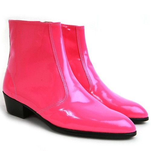 Botas al tobillo Para Hombre Rosa Brillante Cremallera Lateral Hechas a Mano COREA 1.77" Tacones Cubanos - Imagen 3 de 8