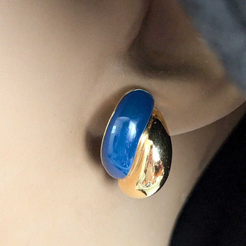 Blue Enamel Hoop Stud Earrings 80s Glam Boho Bold Nautical Style Jewelry eBay