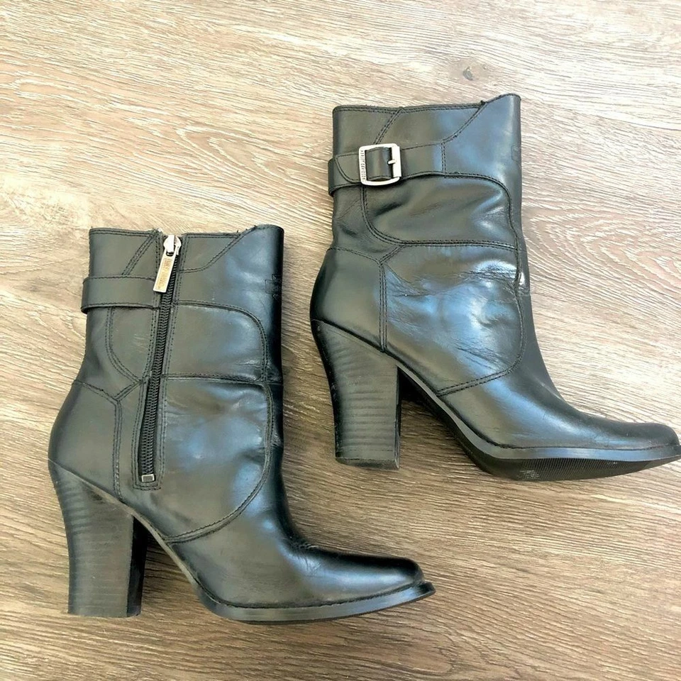 Harley Davidson Black Leather Heeled Western Block Heel Mid Calf Boots Point Toe - Image 2 of 4