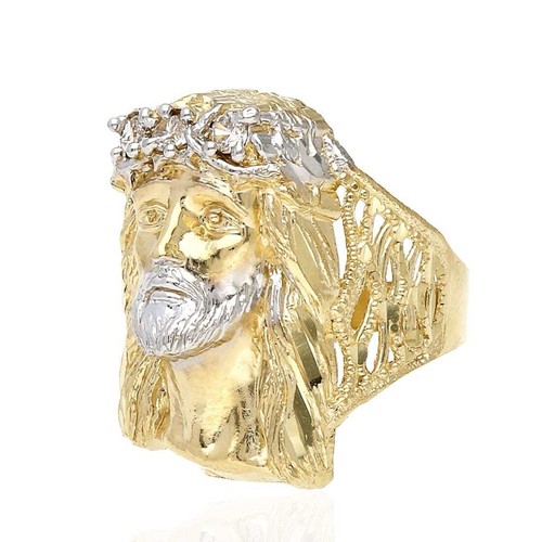 Solid 10K Gold Yellow CZ Jesus Head Mens Ring - Picture 4 of 5