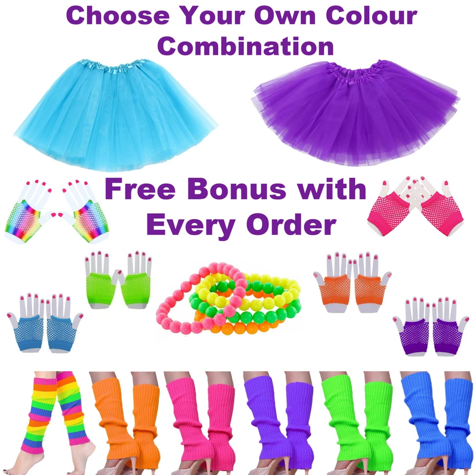 Trajes tutú años 80 disfraz disfraz de fantasía para mujer fluro años 80 calentadores de piernas guantes Foto 3 de 4