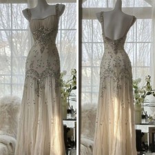 Crystal Evening Dresses Halter Beaded Applique Backless Sparkling Prom Gown