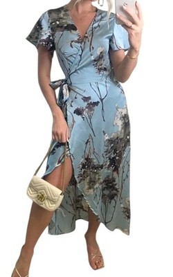 ANGELEYE Wickelkleid blau Blumen 12 Midi Flatterärmel Satinoptik elegant