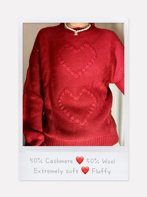 50% Kaschmir   50% Wolle Herz Strick Pullover - Kirschrot, weich & flauschig, OneSize