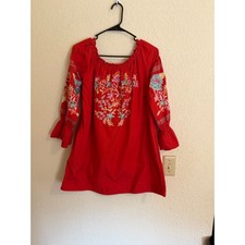 Free People Red Embroidered Boho Mini Dress Tunic Off Shoulder Bell Sleeve Small