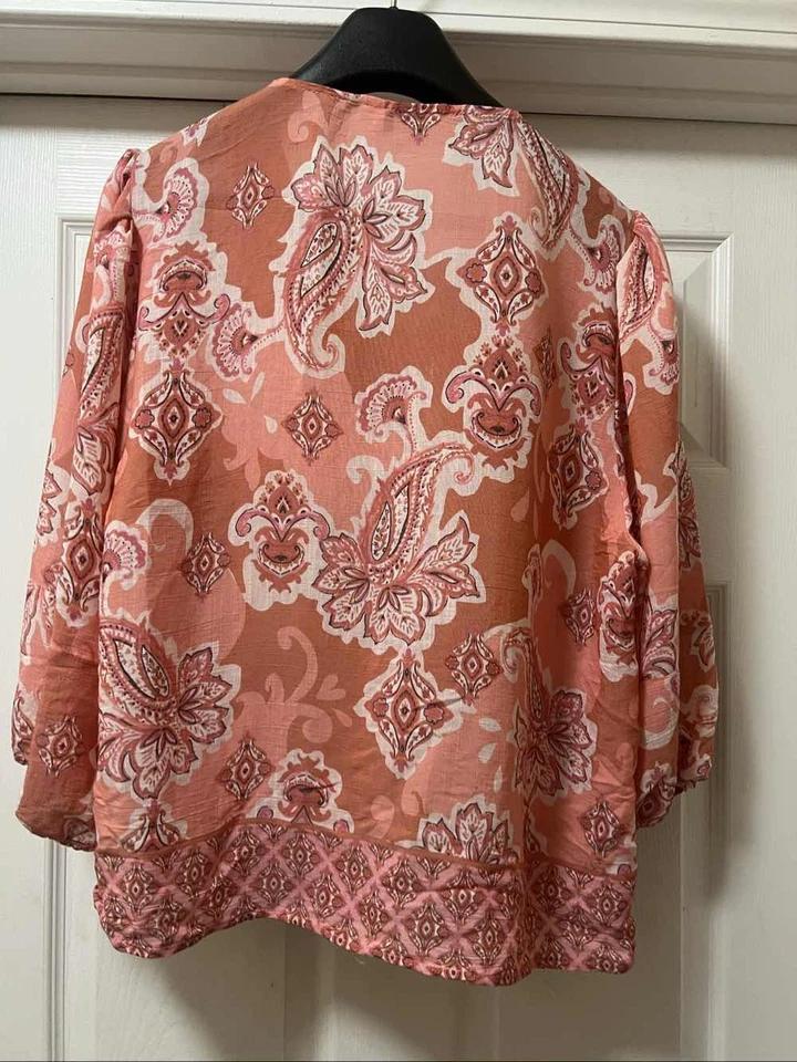 Blusa túnica Nanette Lepore Boho estampado cachemir top cuello lazado naranja rosa XL Foto 2 de 4