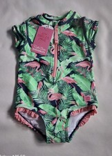 RuffleButts flamingo Frenzy One Piece Rash Guard Swimsuit Size 2T