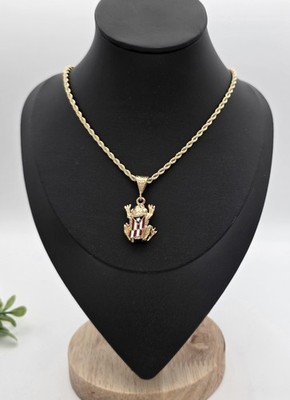 Gold Coqui Frog Necklace: Puerto Rico Flag Pendant, 3mm Rope Chain, 14k Plated