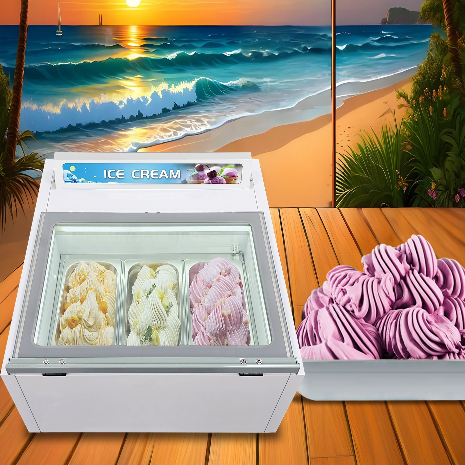 Commercial 3 Pans Ice Cream Showcase Gelato Dipping Cabinet Freezer Auto Defrost