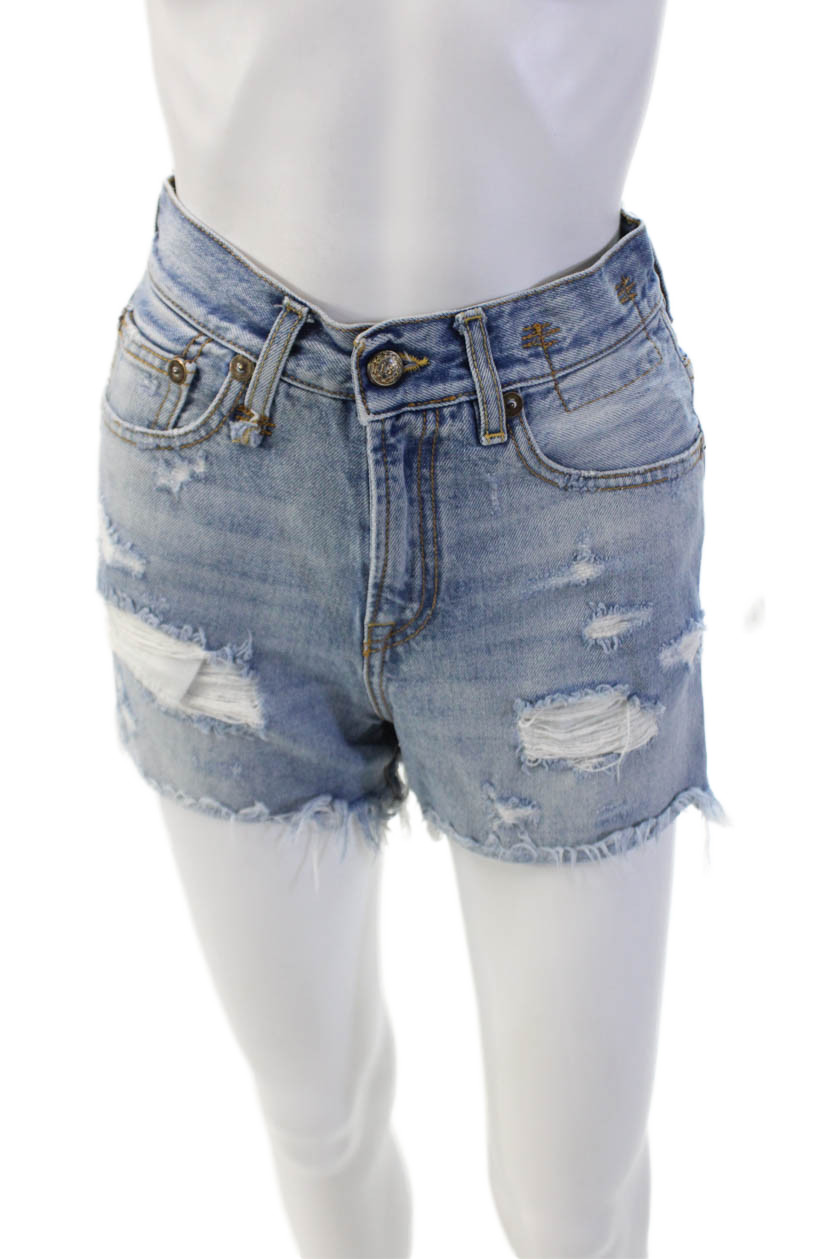 R13 Womens Zipper Fly High Rise Distressed Fringe Denim Shorts Blue Size 24Free Shipping in US $100+ Orders | $6.95 Orders Below