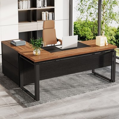 63 Inch L-Shaped Executive Desk, Office Computer Desk w/ Reversible File Cabinet