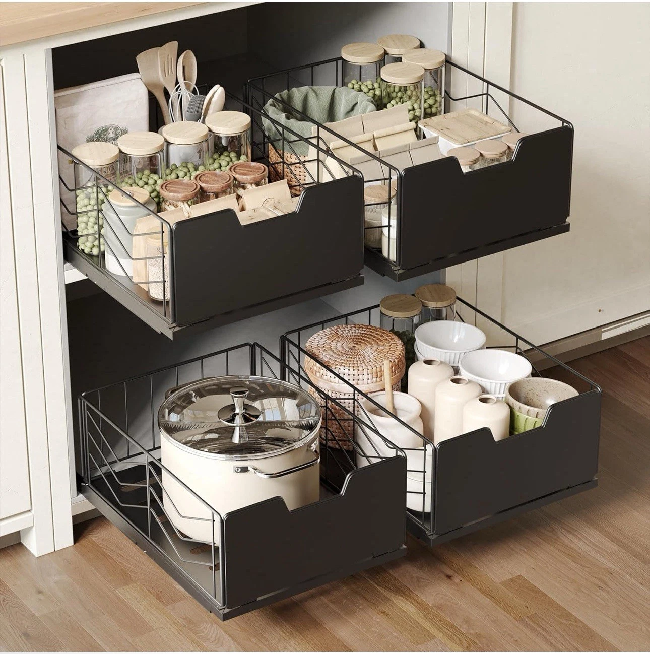 2 Pack Pull Out Cabinet Organizer, No Drill Slide Out Drawers for Kitchen Cab...