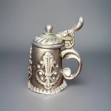 THIMBLE PEWTER NICHOLAS GISH SIGNED & LOGO DECORATIVE STEIN & LID OPENS UP