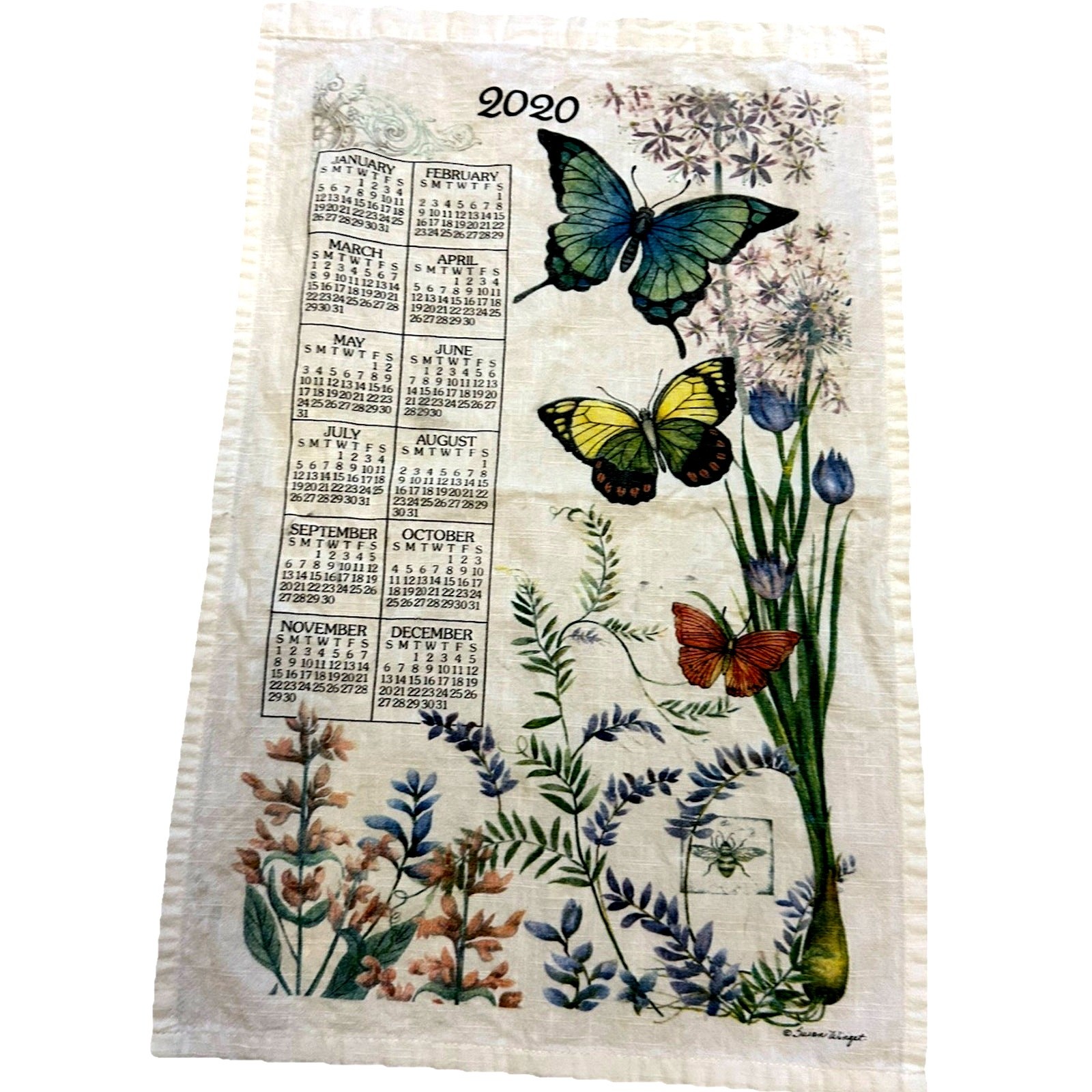 KITCHEN CALENDAR TEA TOWEL-LINEN Butterflies Garden Floral 2