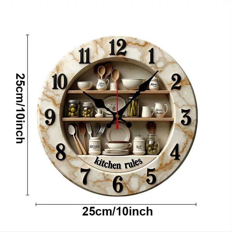 2D Flat Kitchen Rules Wooden Wall Clock Silent Quartz Decor