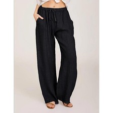 Womens Cotton Linen Wide Leg Pants Ladies Elasticated Waist Casual Trousers UK