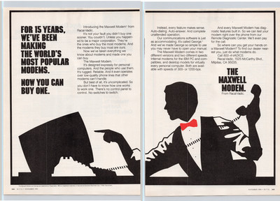 Racal-Vadic Maxwell Modem Vintage 2 Page Print Ad 1984 Black Red Bowtie