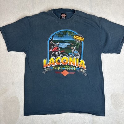 Vintage 90s Harley Davidson Laconia Bike Week Blue T Shirt L USA Made 1997