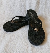 Michael Kors Silver Jet Set Logo Print Flip Flops Wedge Sandals Size 11 Black