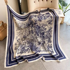 2PC Blue White Toile De Jouy Scarf Set Navy Scenic Print Neckerchief Headband