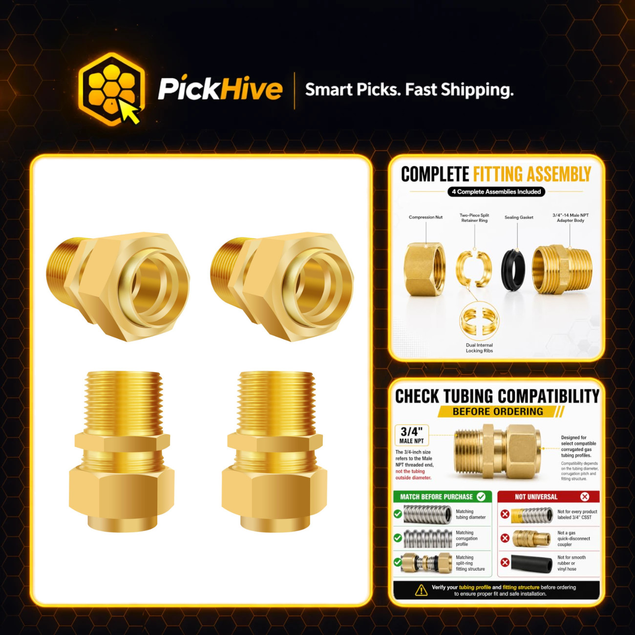 3/4" Male NPT Brass Fittings for Gas Tubing - Adapter Kit with Gasket & Nut