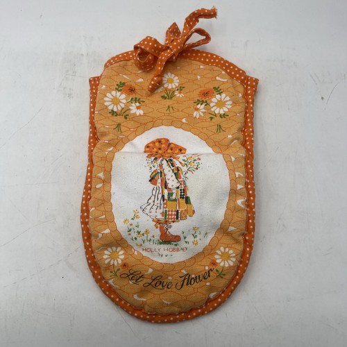 Vintage Holly Hobbie “Let Love Flower” Oven Mitt Orange Floral Lightly Used