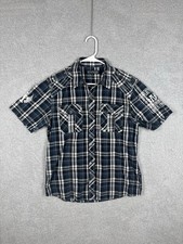 Affliction Shirt Mens L Blue Plaid Button Up Short Sleeve Embroidered Buckle