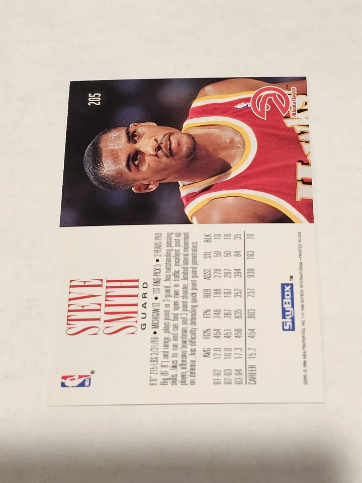 1994-95 SkyBox Premium Atlanta Hawks Basketball Card #205 Steve Smith - Image 2 of 2