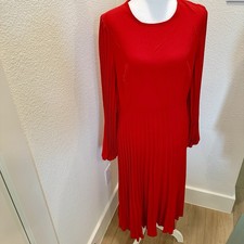 SHEIN Women Red Pleated Dress Sz 12 Midi Long Sleeve *no belt* Back Zip A-Line