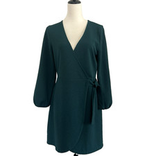 Madewell Mini Dress Womens Small Green Faux Wrap Long Sleeves Side Tie Office