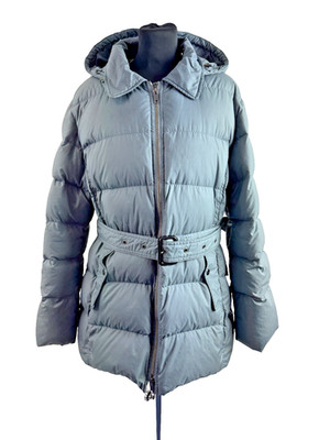 Burberry Women's Slate Blue Belted Puffer Jacket Hooded Full Zip Quilted Size XL