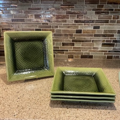 Home Target ASIAN LINEN Green Embossed Weave Square Stoneware 9 3/4  Plate Set 4