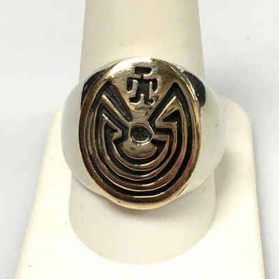 V302 Vintage Indianer Sterlingsilber 14k YG Mann im Labyrinth Ring Größe 11