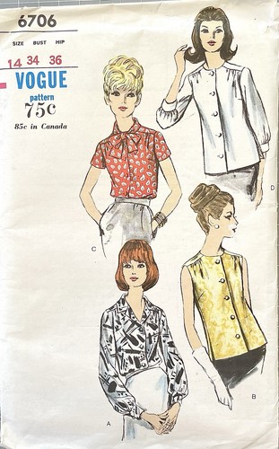 VOGUE 6706 1960's Ladies’ Blouse Sewing Pattern. Size 14 - Bust 34”.