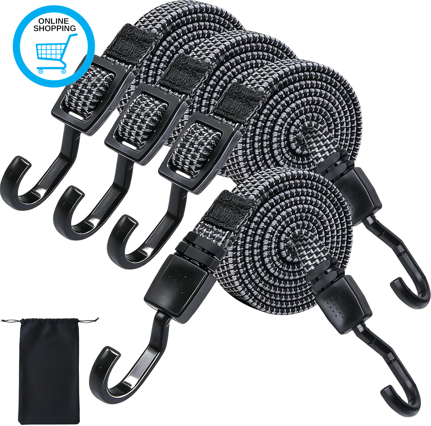 Quality Upgraded 4Pcs Adjustable Bungee Cords with Hooks Heavy Duty 2M Long Bung